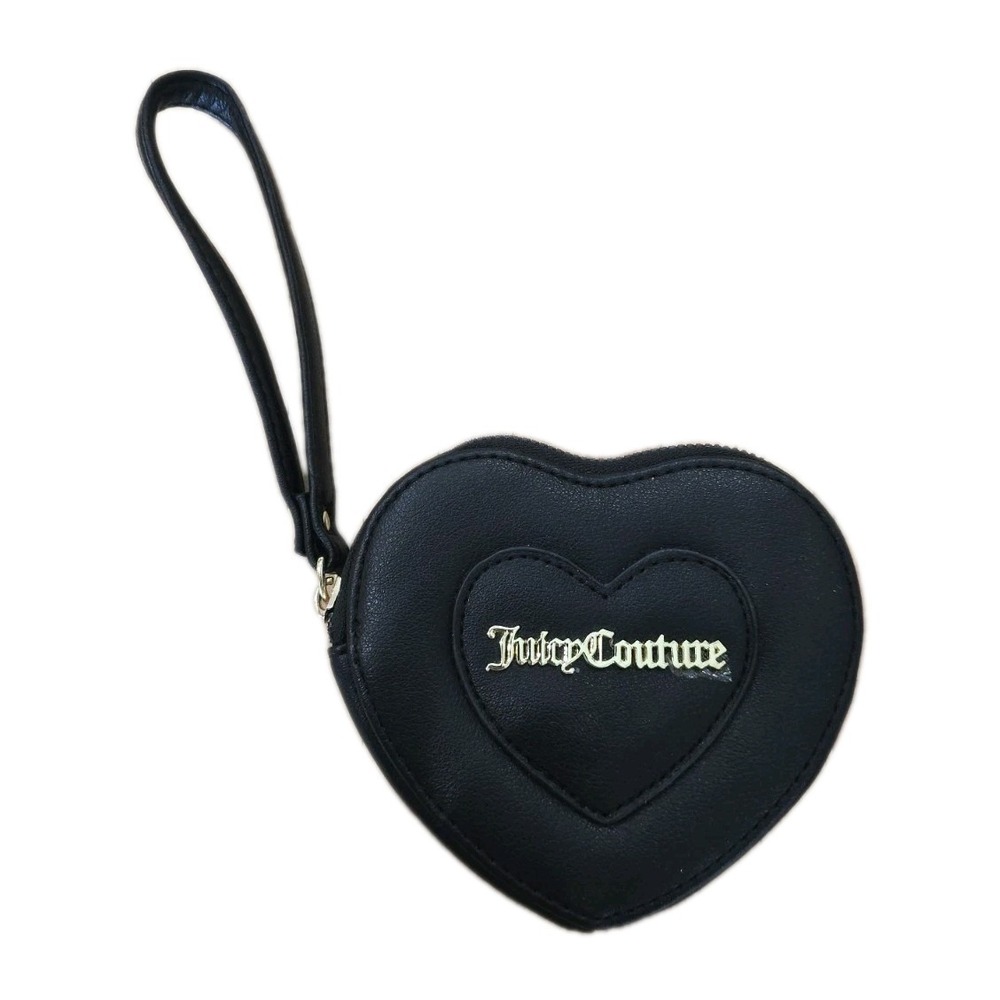 Y2K Juicy Couture Black Heart Faux Leather Zippered Wristlet Wallet NWOT SZ S‎